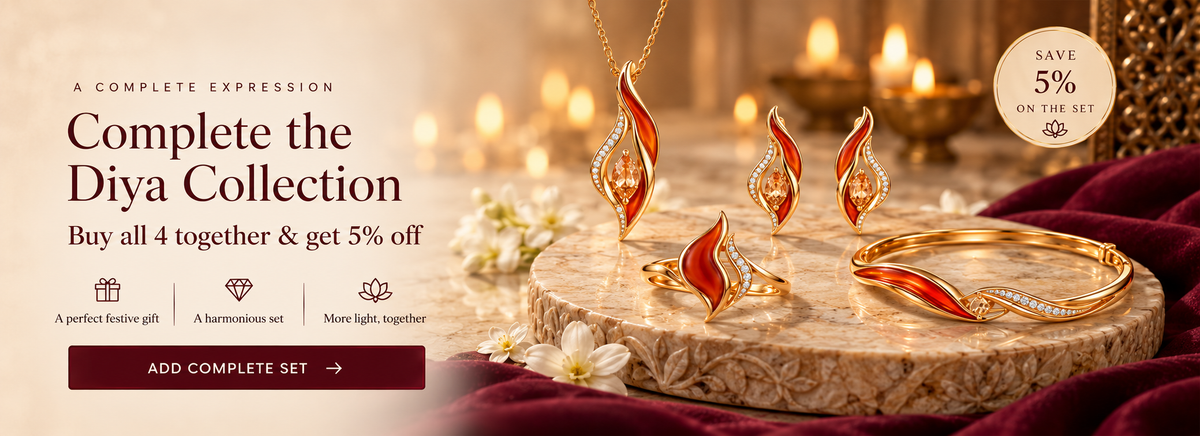 The complete Diya set — pendant, earrings, ring and bracelet