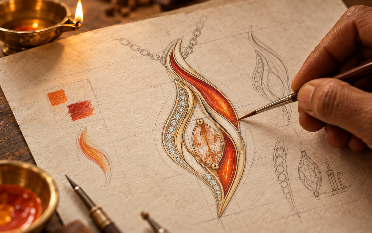 An artisan hand-painting the Diya pendant design on paper