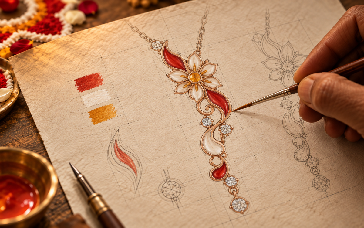An artisan hand-painting the Rangavalli flower pendant design on paper