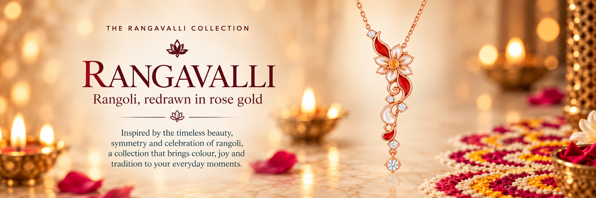 Rangavalli pendant in rose gold with red and white enamel petals beside a rangoli and diyas