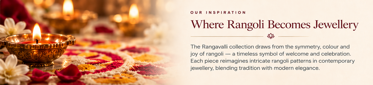 A glowing brass diya on a colourful rangoli with jasmine flowers